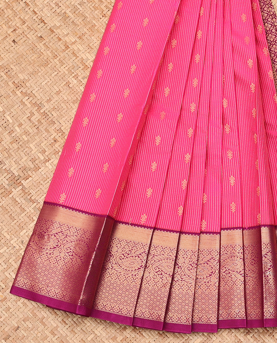 Pink Budget Silk Saree, Steeped with Buttas and Stripes All Over Its Body, Complemented by Contrast Traditional Zari Designs Woven Border, Grand Jaal Pallu and Paired with a Contrast Blouse