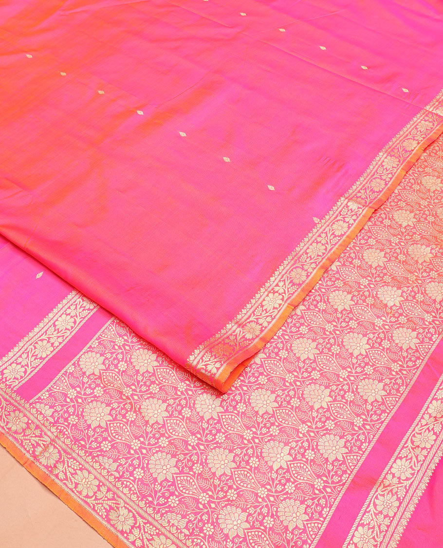 Pink buttas banarasi kathan silk saree, floral creeper border, and pallu of jaal design