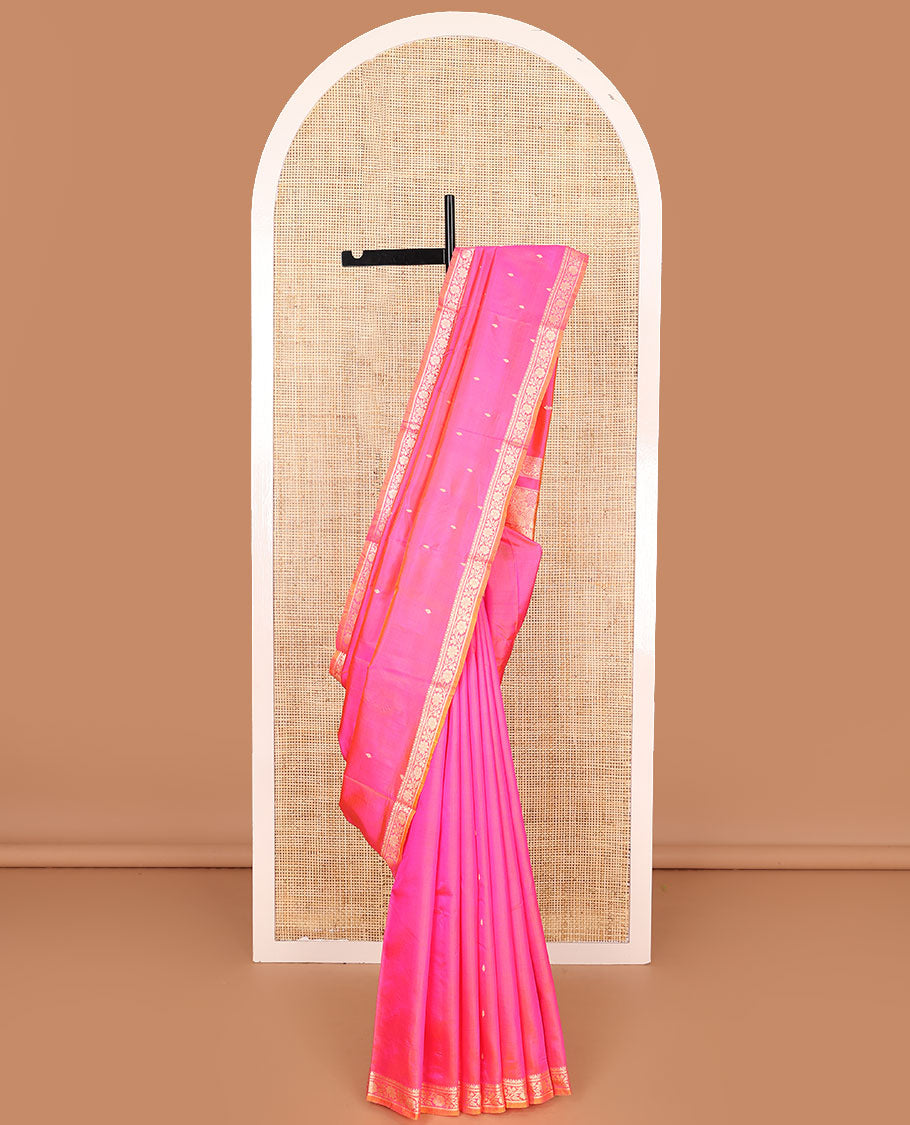 Pink buttas banarasi kathan silk saree, floral creeper border, and pallu of jaal design