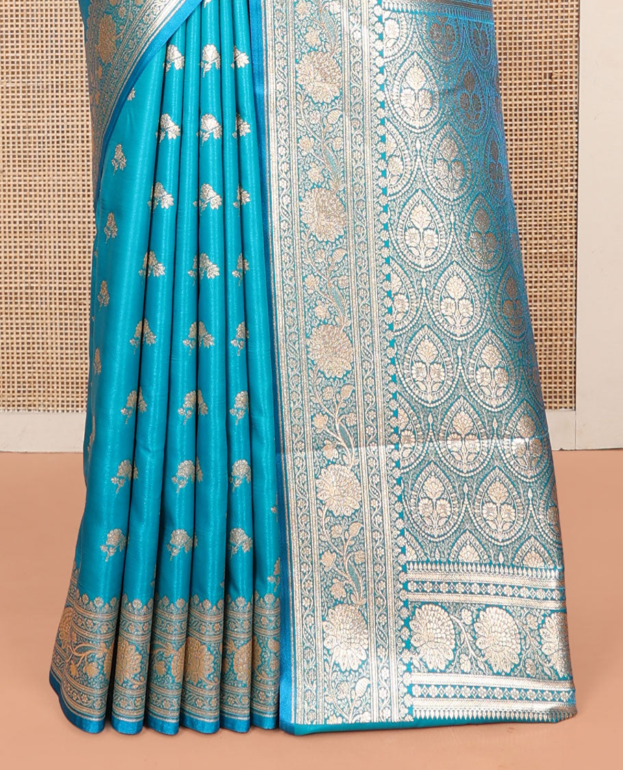 Blue Banarasi Nylon Saree, Detailed with Buttas, Floral Creeper Zari Border, Intricate Pallu, and a Matching Blouse