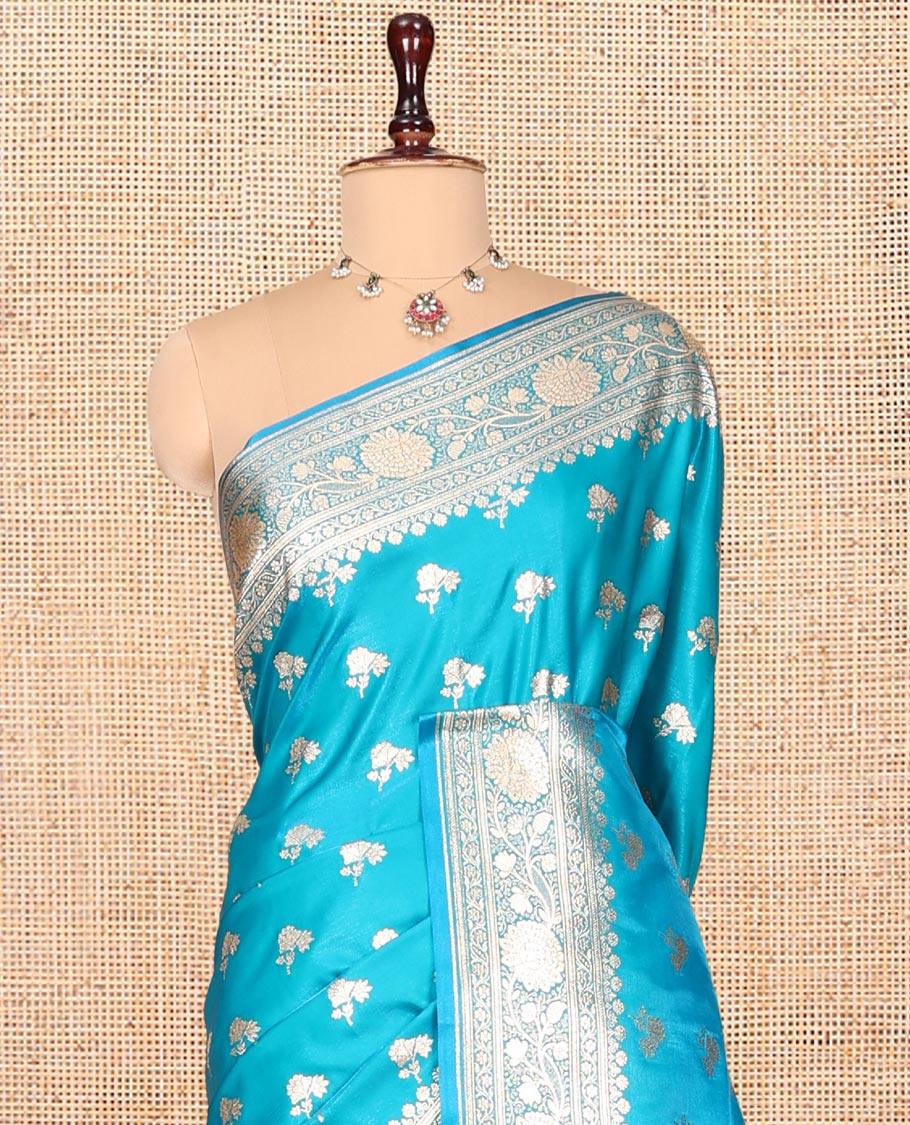 Blue Banarasi Nylon Saree, Detailed with Buttas, Floral Creeper Zari Border, Intricate Pallu, and a Matching Blouse