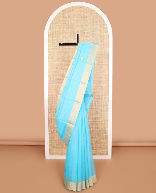 Light blue motifs chanderi cotton saree with contrast zari border & striped pallu