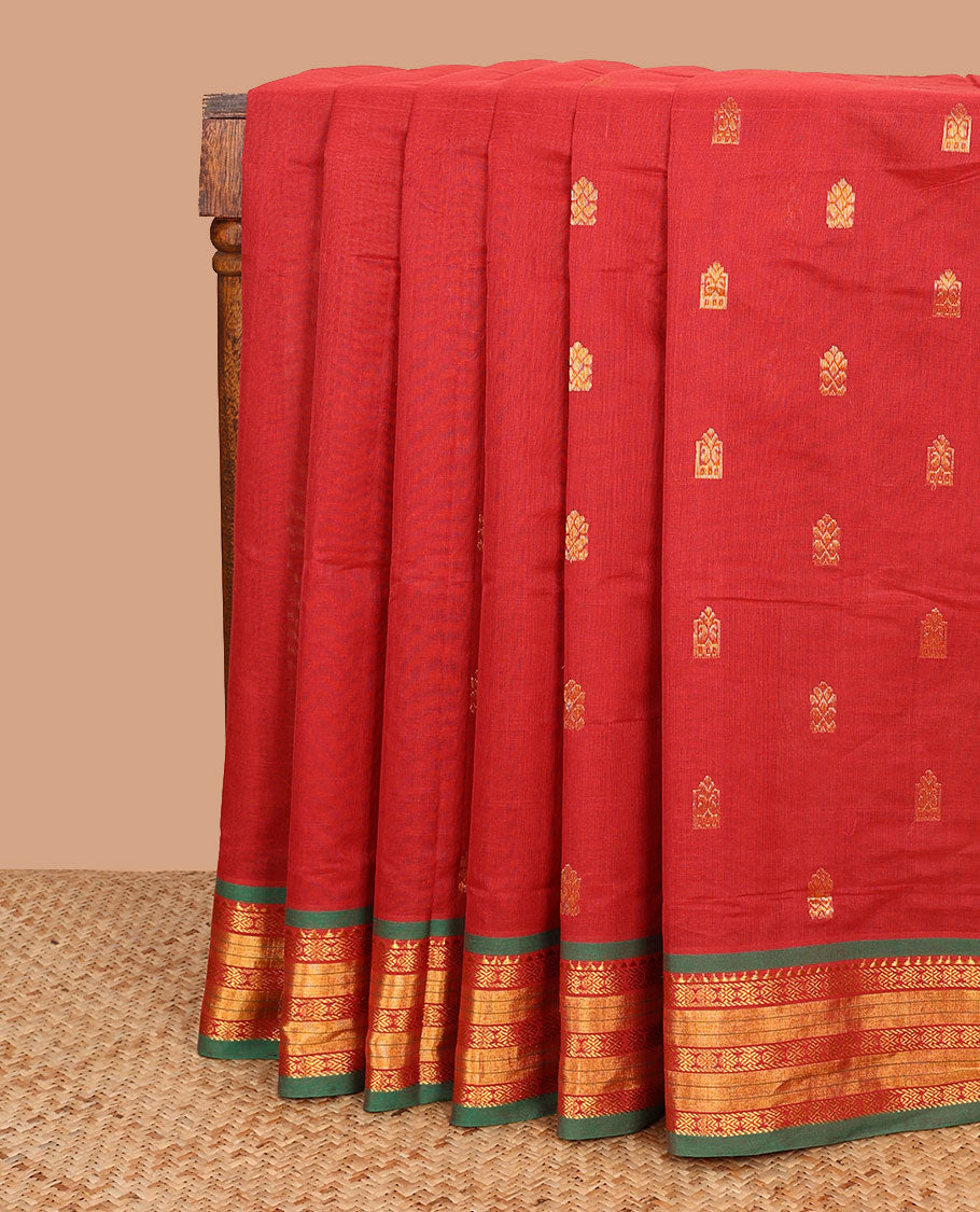 Red zari buttas Venkatagiri cotton saree with contrast traditional zari border, and pallu of zari designs