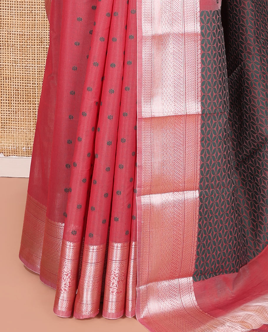 Pink Semi-Silk Cotton Saree, Sparsely Woven with Floral Buttas on Its Body, Highlighted by a Zari Traditional Border, Geometric Patterned Pallu, and Paired with a Matching Blouse