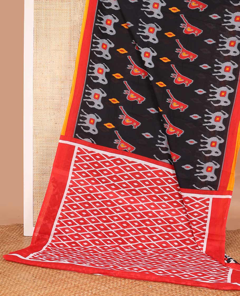Black ikkat animal motifs printed mul mul cotton saree, contrast plain border, and pallu of jaal design
