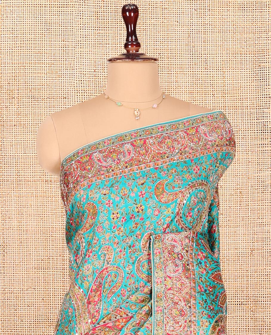 Blue Dola Silk Saree, Beautifully Bedecked with Colorful Floral-Paisley Design on Its Body, Complemented by Contrast Paisley Border, Pallu of Mughal-Style Design, and Paired with a Matching Blouse