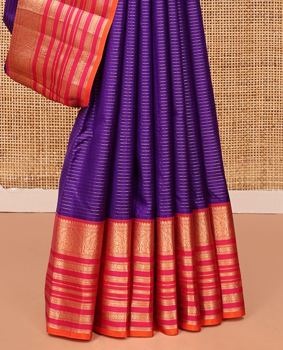 Violet-Pink Vasundhara Silk Saree Features Zari Stripes, a Contrast Border of Thilakam Mokku, Muthu, Mayil, Neli, and Cross Kamalam, Jaal Pallu, and a Contrast Blouse