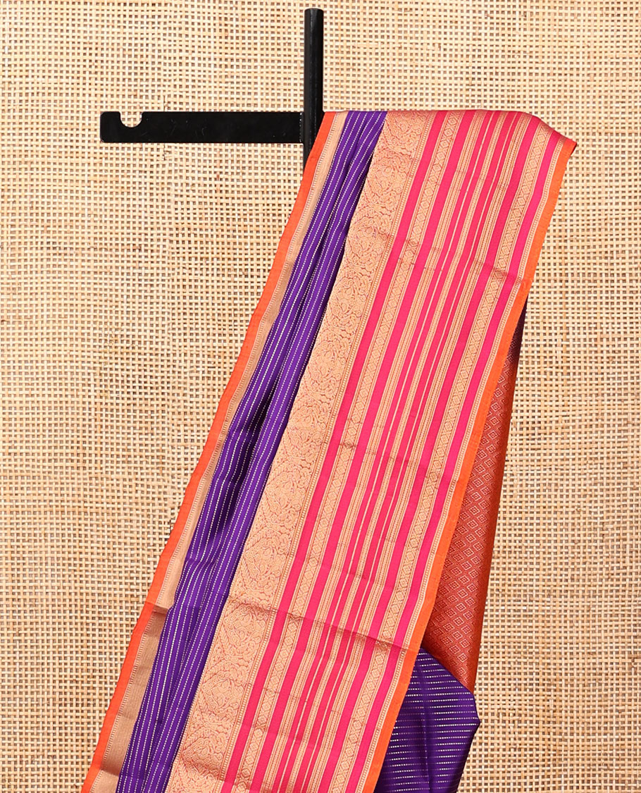 Violet-Pink Vasundhara Silk Saree Features Zari Stripes, a Contrast Border of Thilakam Mokku, Muthu, Mayil, Neli, and Cross Kamalam, Jaal Pallu, and a Contrast Blouse