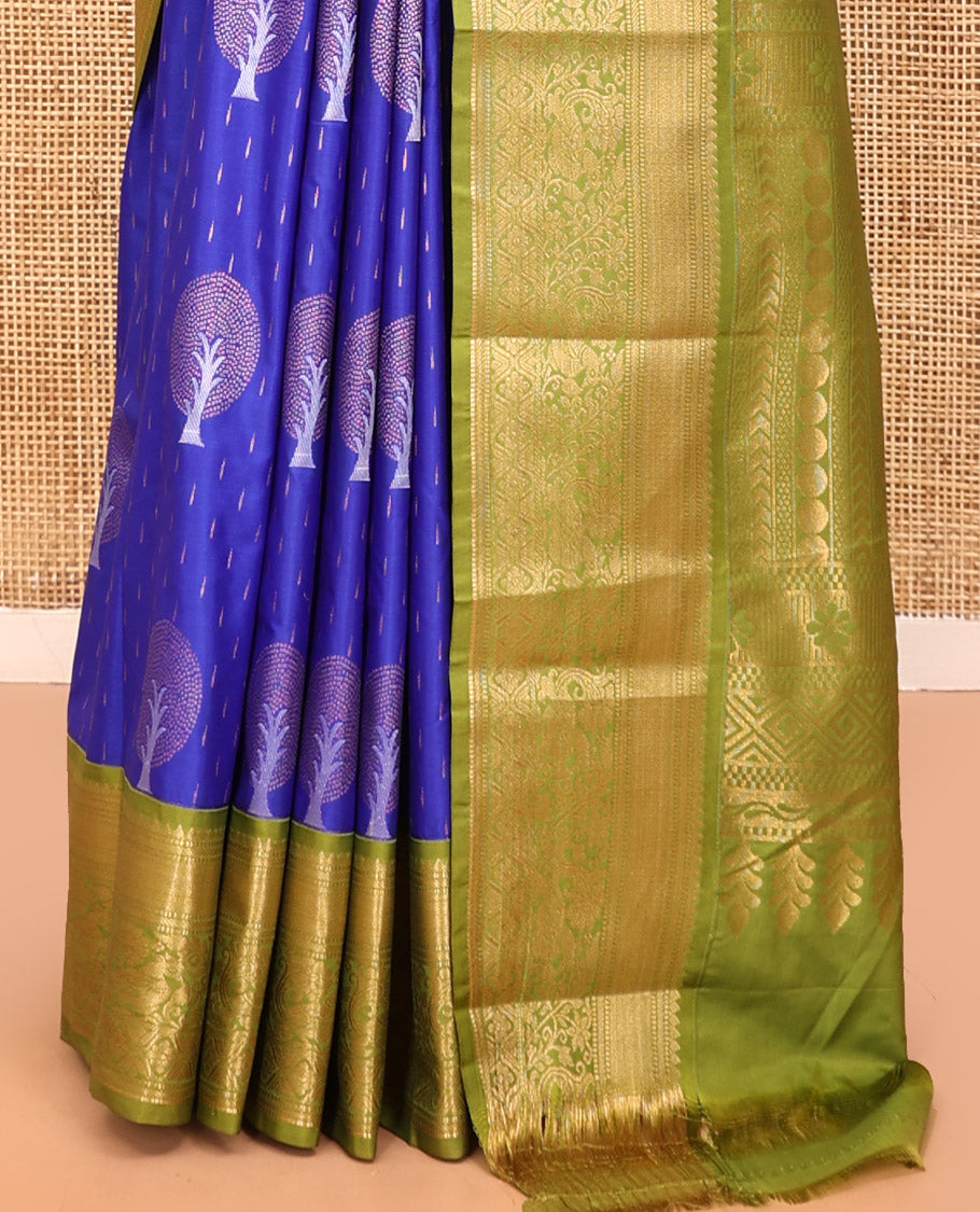 M.s Blue-Green Budget Silk Saree, Boldly Accentuated with Zari Buttas, Complemented by a Contrast Traditional Zari Border, Grand Pallu, and a Contrast Blouse