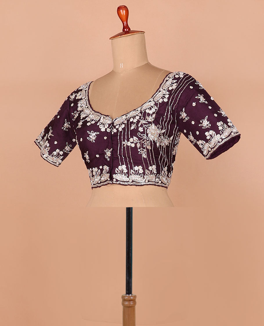 Purple zari design designer saree, scallop embroidery & zari border & contrast wine floral embroidered readymade blouse