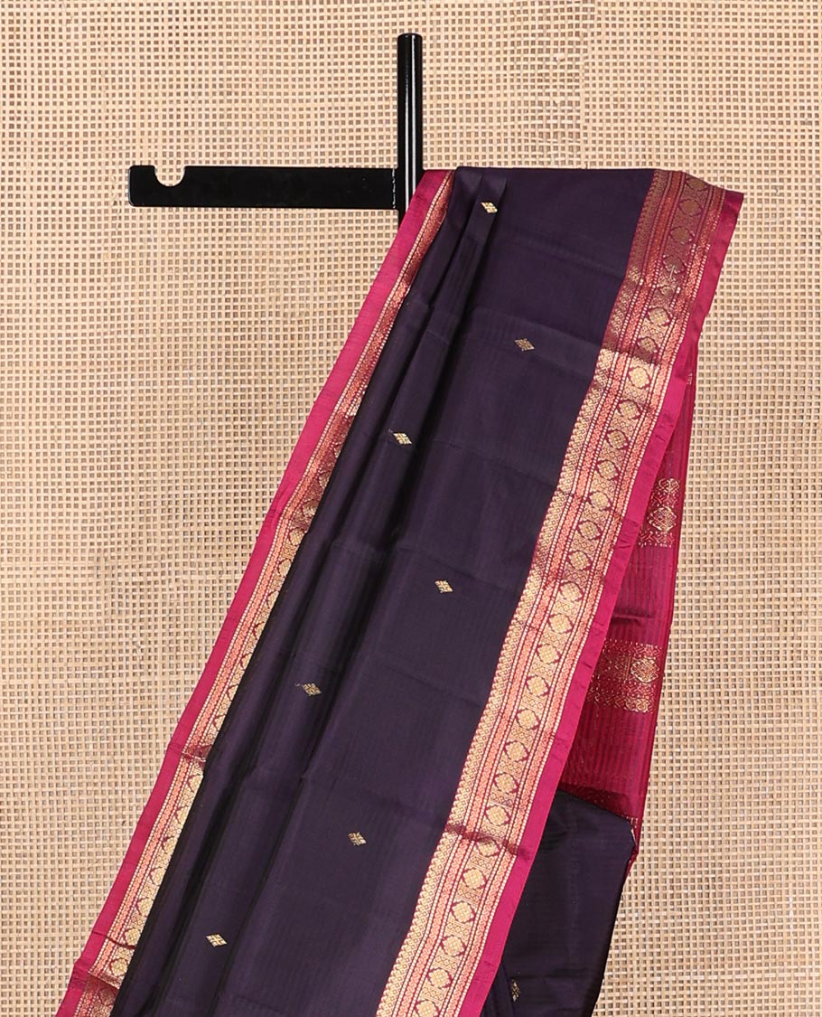 Dark blue striped with zari buttas Kanchipuram silk saree, contrast border of manga mokku,muthu,cross neli, and kamalam, and zari design pallu