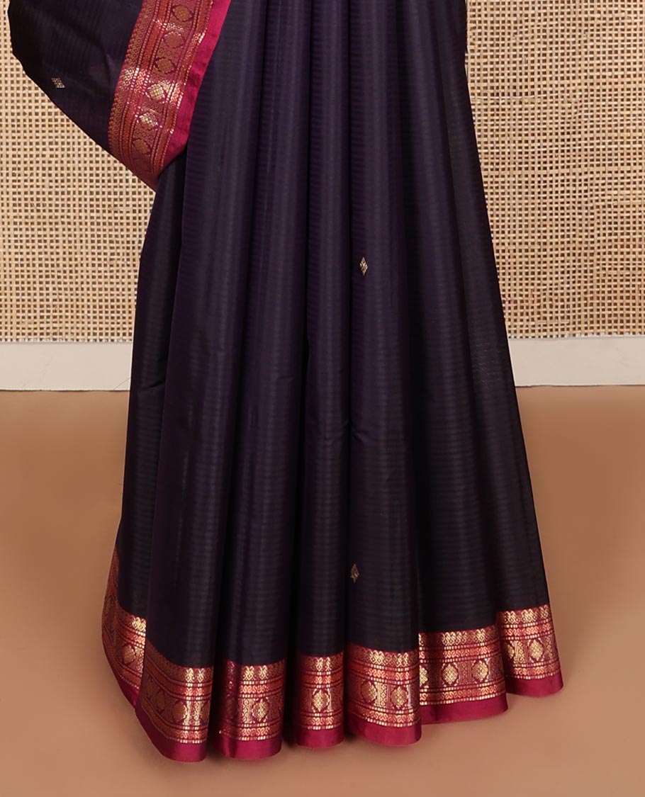 Dark blue striped with zari buttas Kanchipuram silk saree, contrast border of manga mokku,muthu,cross neli, and kamalam, and zari design pallu