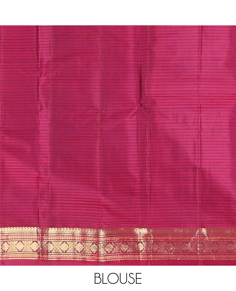 Dark blue striped with zari buttas Kanchipuram silk saree, contrast border of manga mokku,muthu,cross neli, and kamalam, and zari design pallu