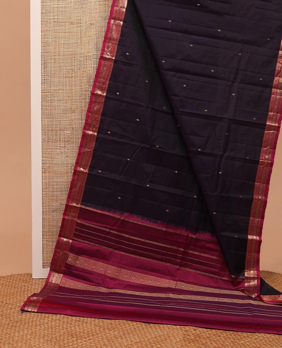 Dark blue striped with zari buttas Kanchipuram silk saree, contrast border of manga mokku,muthu,cross neli, and kamalam, and zari design pallu