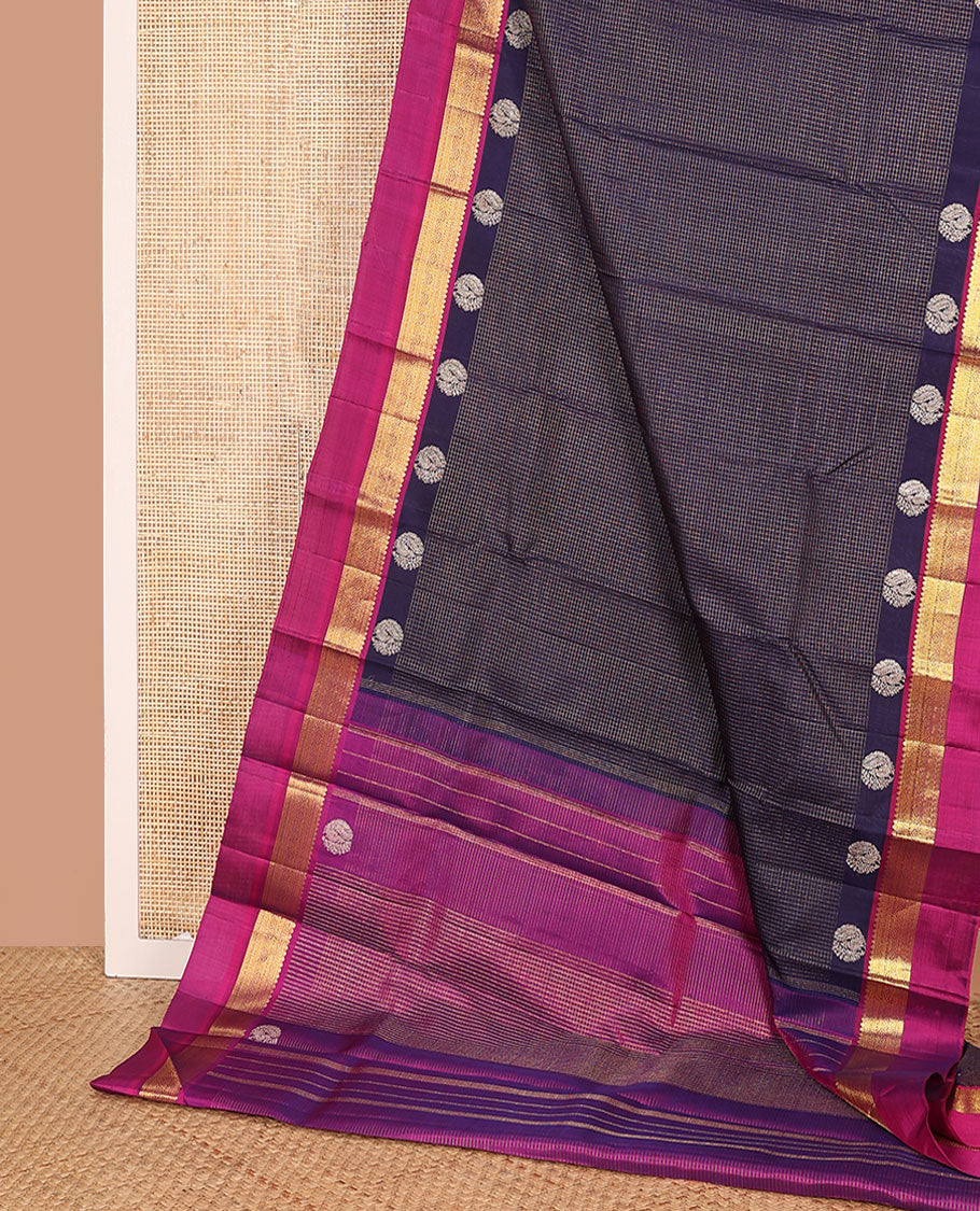 Blue checked Kanchipuram silk saree, contrast border of traditional motifs, and pallu of checked design
