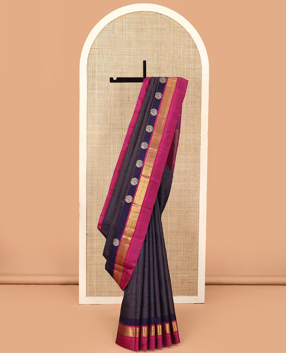 Blue checked Kanchipuram silk saree, contrast border of traditional motifs, and pallu of checked design