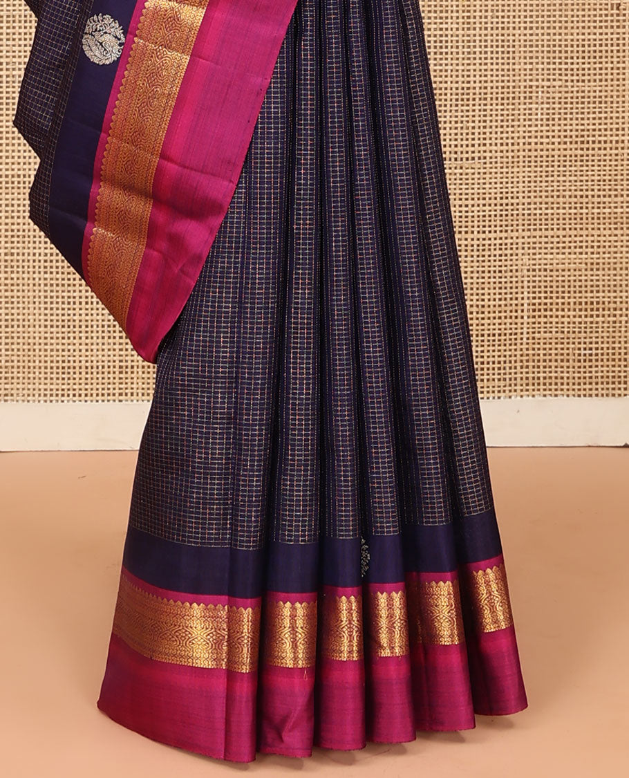 Blue checked Kanchipuram silk saree, contrast border of traditional motifs, and pallu of checked design
