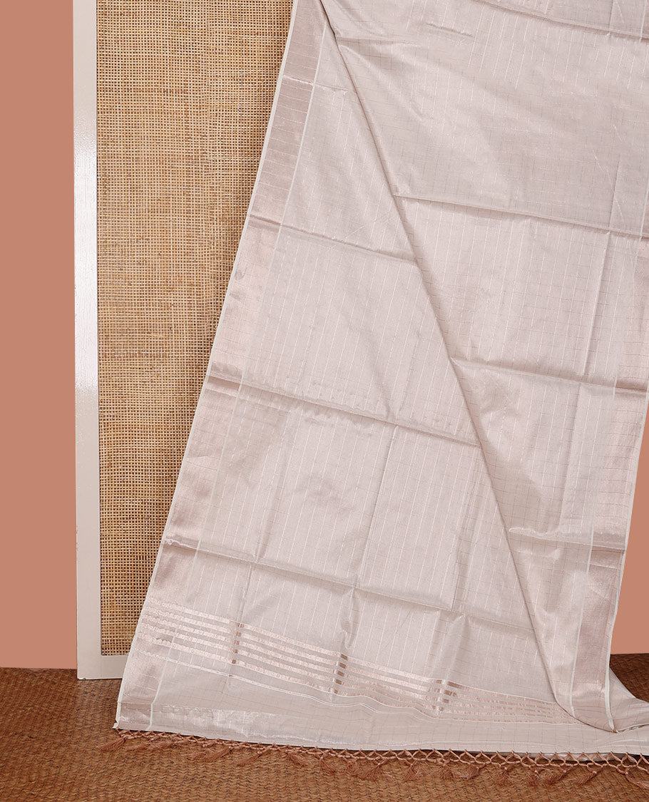 Off-White Kerala Saree, Sparsely Woven Zari Checks on Its Body, Subtly Sparkled Zari Bavanji Border, Pallu of Zari Checks, and Paired with a Matching Blouse