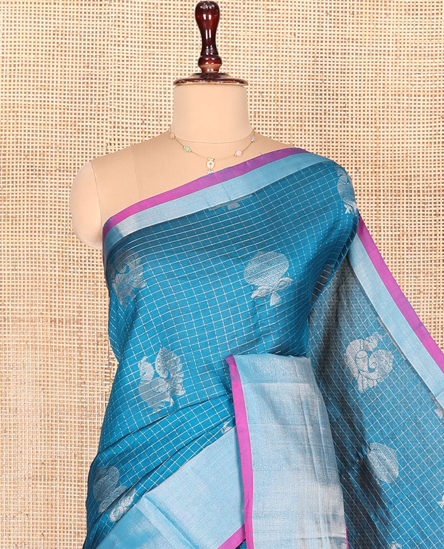 Blue Kuppadam Cotton Saree, Sparsely Woven with Butta and Checks All Over Its Body, Complemented by a Bavanji Border, Captivating Contrast Pallu of Ogee Patterns, and Paired with a Contrast Blouse