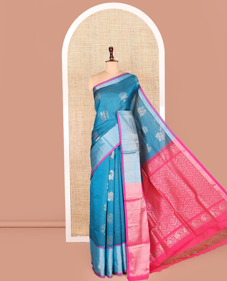 Blue Kuppadam Cotton Saree, Sparsely Woven with Butta and Checks All Over Its Body, Complemented by a Bavanji Border, Captivating Contrast Pallu of Ogee Patterns, and Paired with a Contrast Blouse