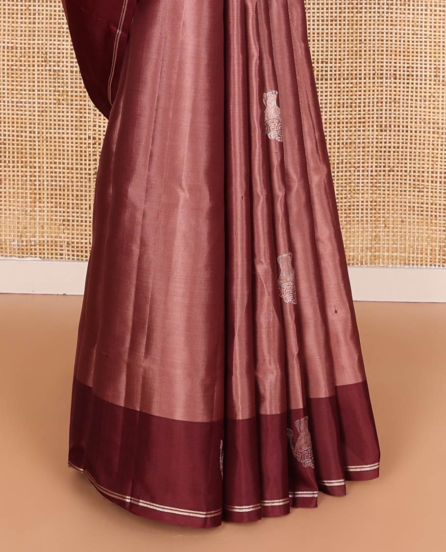 Brown elephant buttas soft silk saree, contrast elephant buttas border, and pallu steeped with elephant buttas