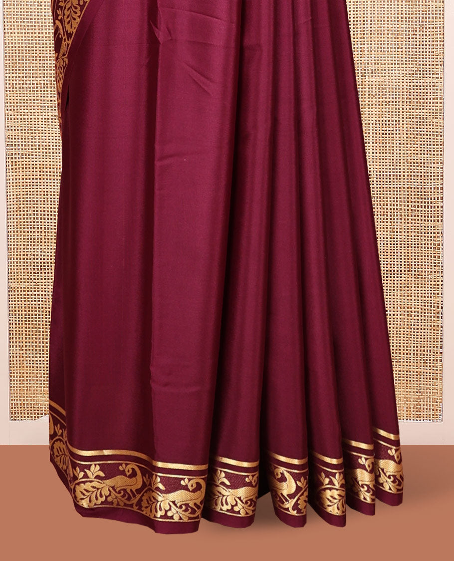 Maroon Plain Mysore Silk Saree, Highlighted by Zari Traditional Border of Peacock Designs, Pallu Steeped with Zari Stripes, and Paired with a Matching Blouse