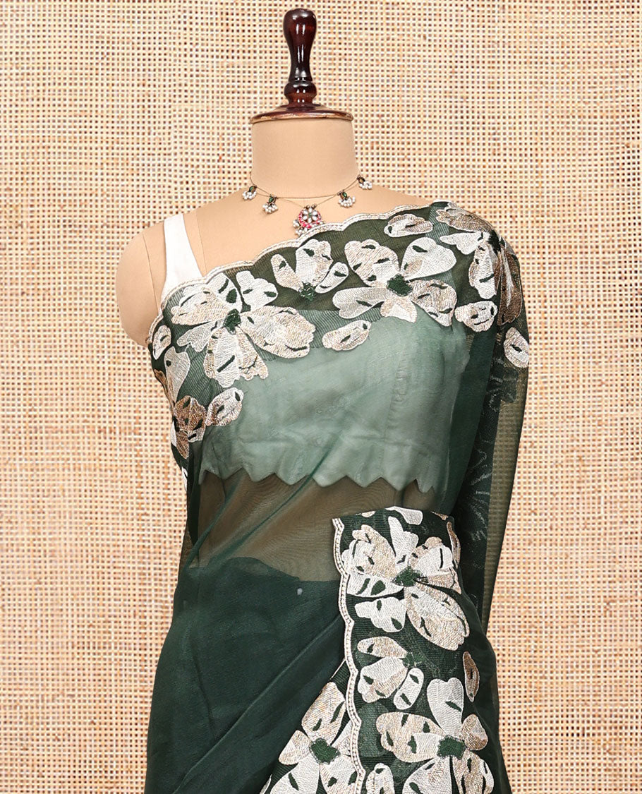 Green Plain Organza Saree, a Scalloped Flower-Motif Thread Embroidery Border, a Self-Pallu, and a Matching Embroidered Blouse