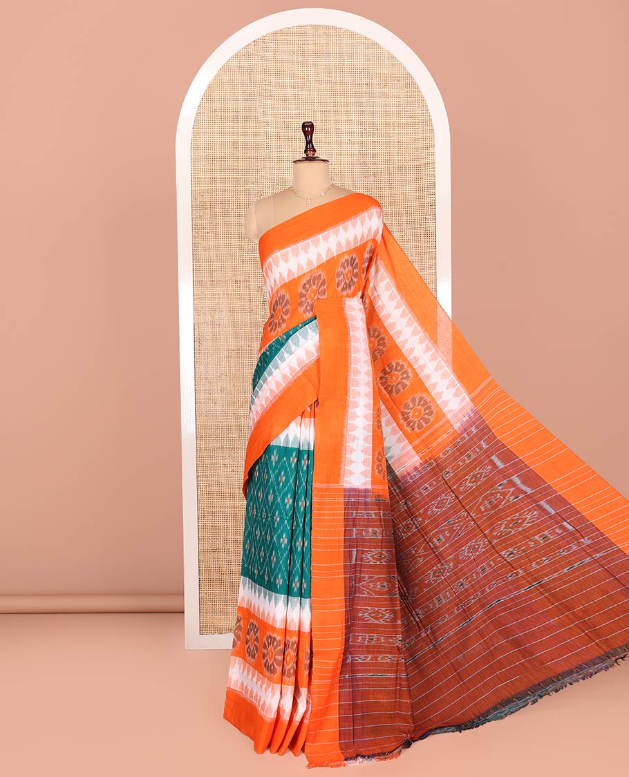 Green Odisha Cotton Saree Featuring Jaal Patterns All Over the Body, Complemented by a Contrast Temple Border of Floral Designs, Pallu Features Diamond Patterns in a Hazily Woven, and Has No Blouse