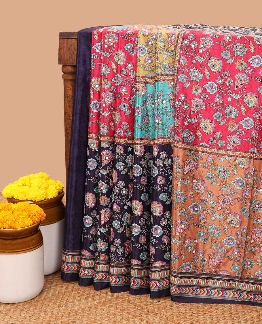Multi-color printed, mirror work synon silk saree with printed border & printed rich pallu along with plain blouse