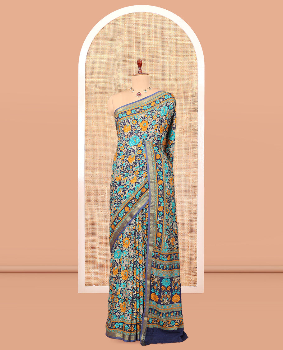 Blue Printed Silk Saree, Bedecked with Floral Vine Print, a Traditional Border, Floral Pallu, Matching Blouse
