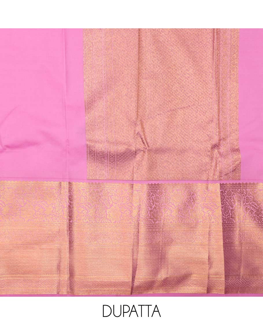 Green pure-silk half saree, jacquard with contrast traditional zari bordered skirt, blouse of rekku, kodi visiry, paisa, diamond, and then kuli kann, and zari design dhavani