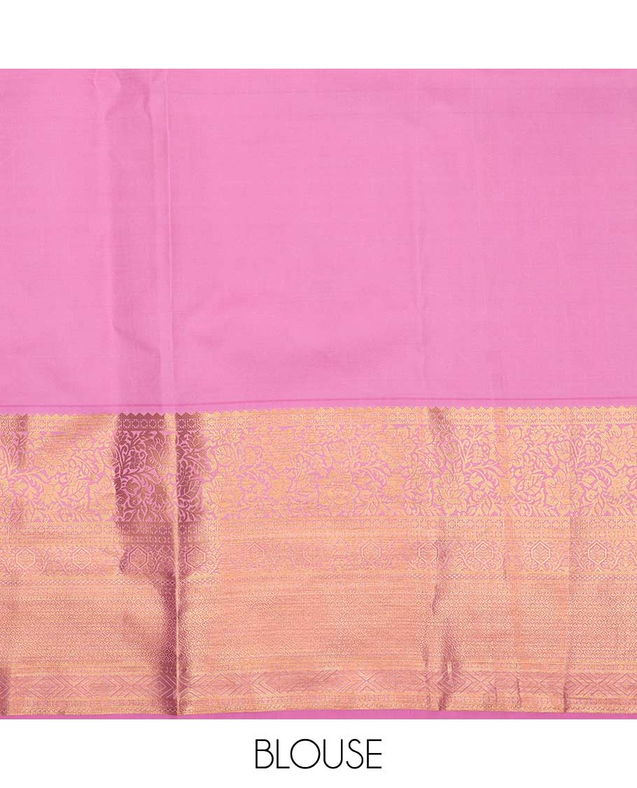 Green pure-silk half saree, jacquard with contrast traditional zari bordered skirt, blouse of rekku, kodi visiry, paisa, diamond, and then kuli kann, and zari design dhavani