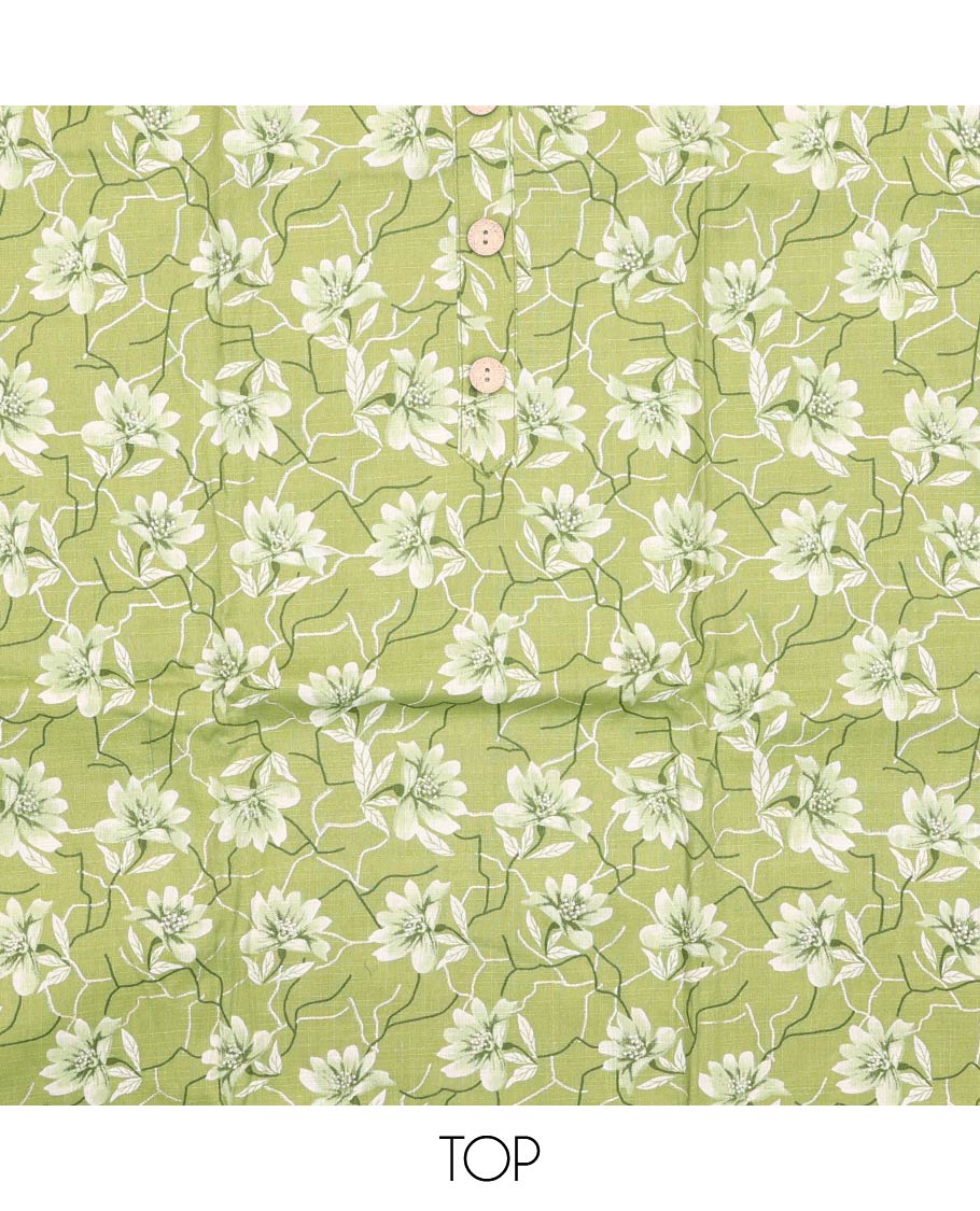 Liril green material churidar set, floral print with button stitched cotton top, contrast geometric printed cotton bottom, and striped chanderi dupatta of sequins stripes