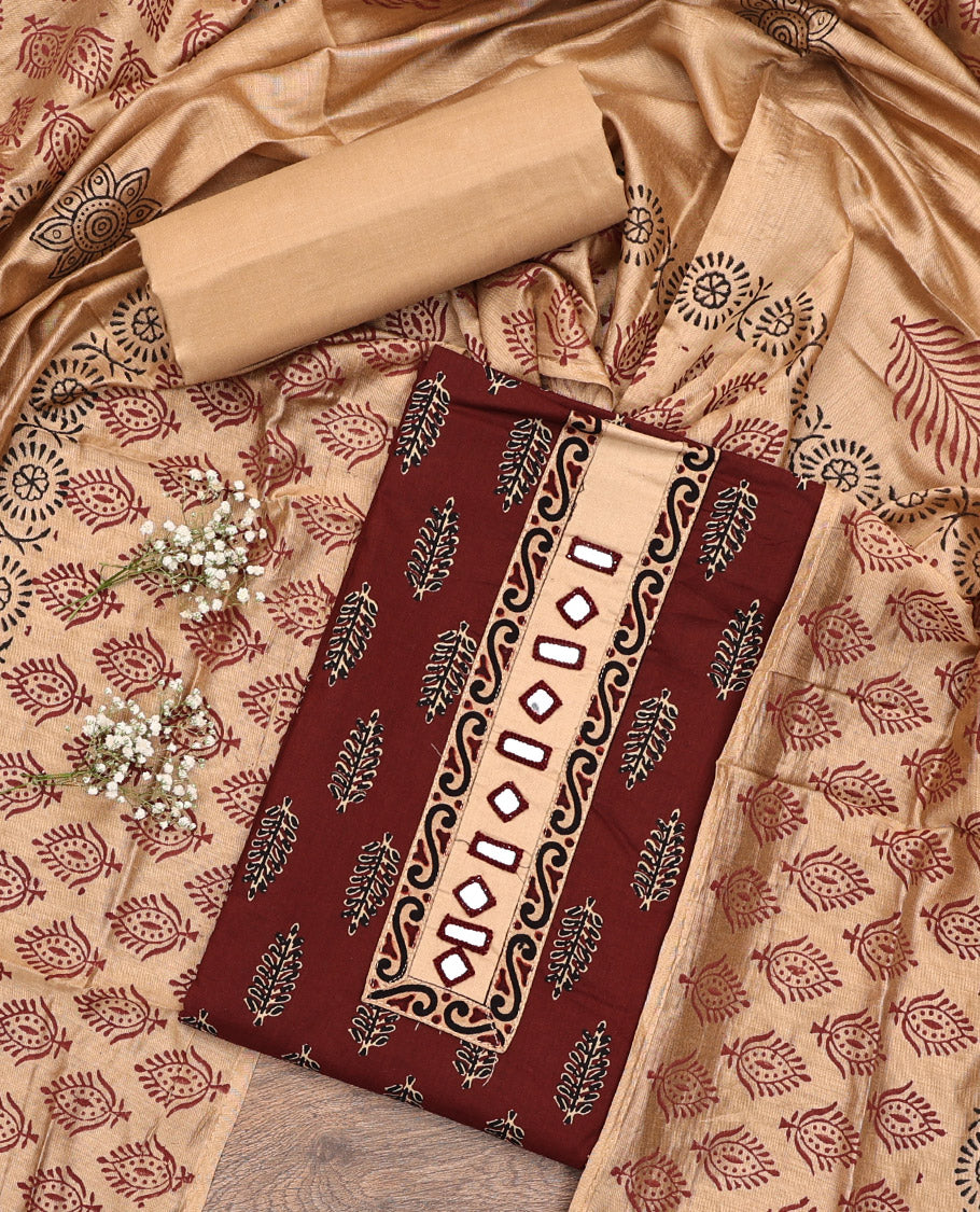Maroon Cotton Material Chudidar Set, Elevated with Unique Motifs Block Printed on Its Cotton Top, a Plain Cotton Bottom, and Paired with an Intricately Block Printed Cotton Dupatta