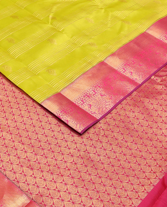 Yellow zari stripes & manga buttas Vasundhara silk mix saree, contrast paithani-style zari border & thilakam motifs steeped pallu