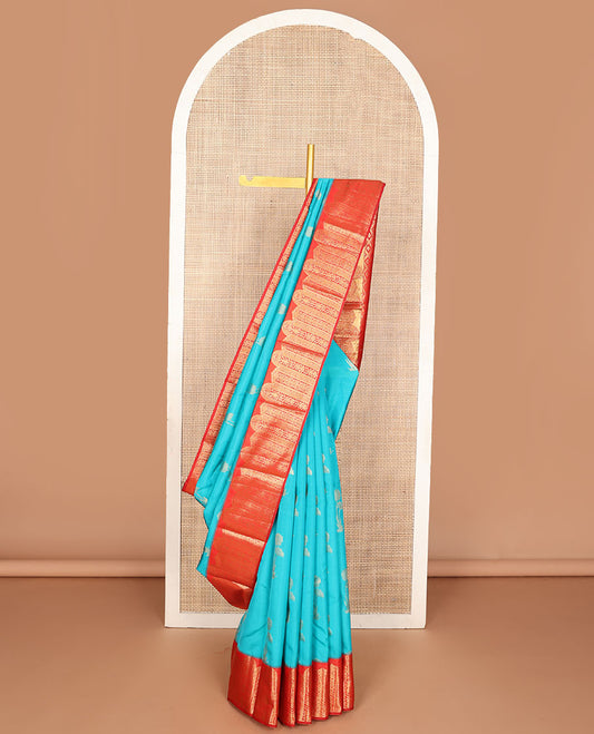 Blue zari buttas vasundhara silk mix saree, contrast Mughal-style motifs zari woven border & jaal pallu