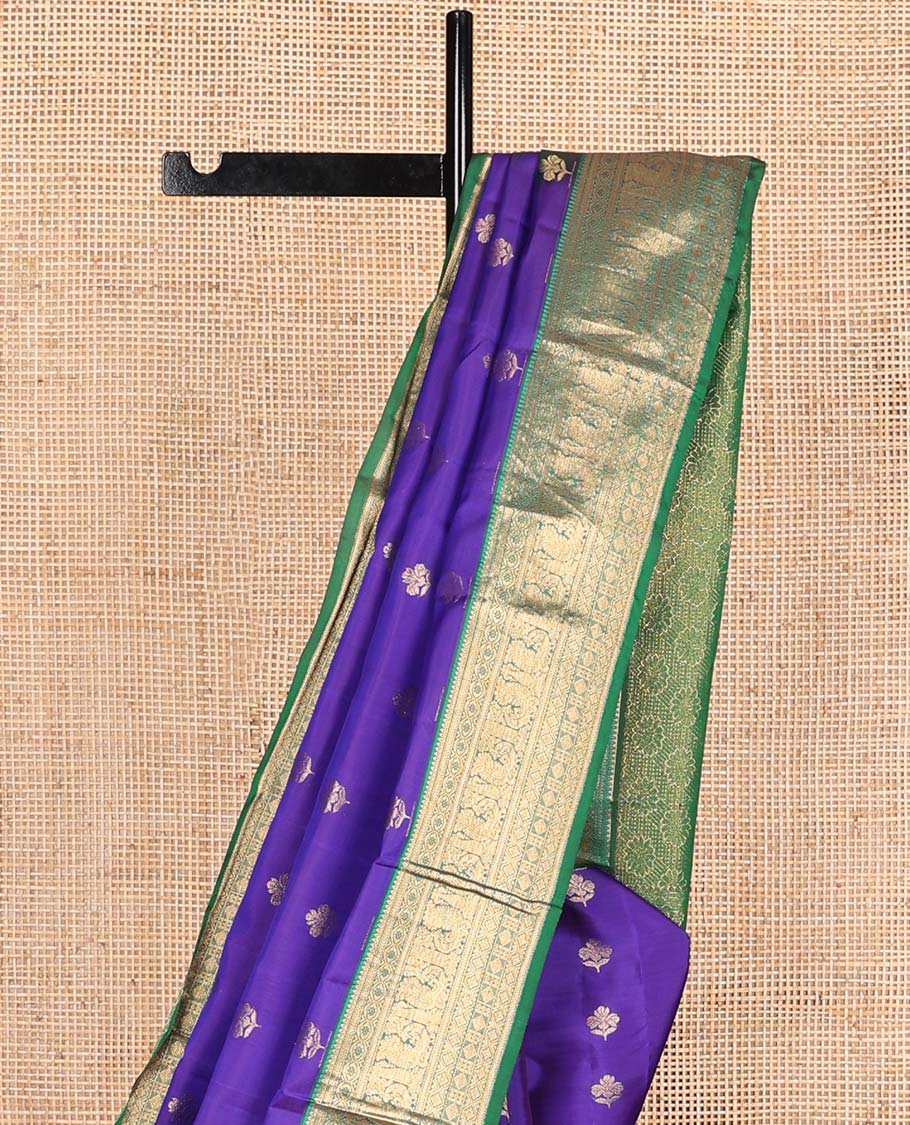 Violet zari buttas Vasundhara silk mix saree, contrast border of rekku, kathir, diamond, and mayil design, and contrast intricate pallu