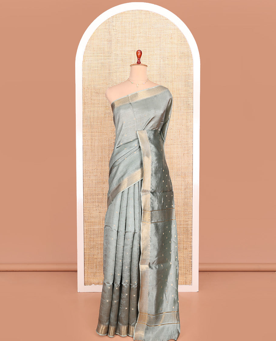 Grey Banana Pith Saree Elevated with Zari Buttas, Temple Border of Zari Designs, Subtle Pallu of Zari Designs, and Paired with a Matching Blouse