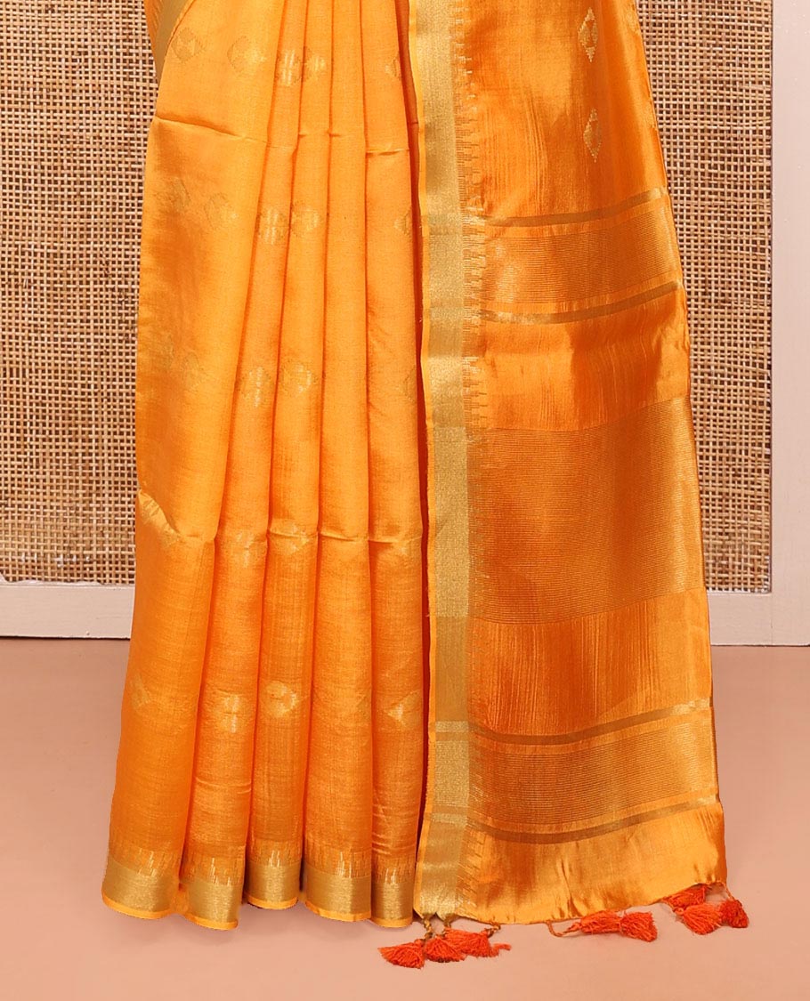 Yellow Banana Pith Saree, Sparsely Sparkled with Buttas All Over Its Body, Highlighted by Temple Zari Border, Pallu Steeped with Stripes, and Paired with a Matching Blouse