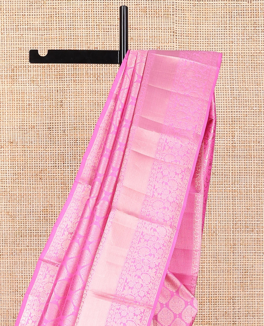 Light pink ogee design kancheepuram silk saree with self border of intricate zari design & floral design pallu