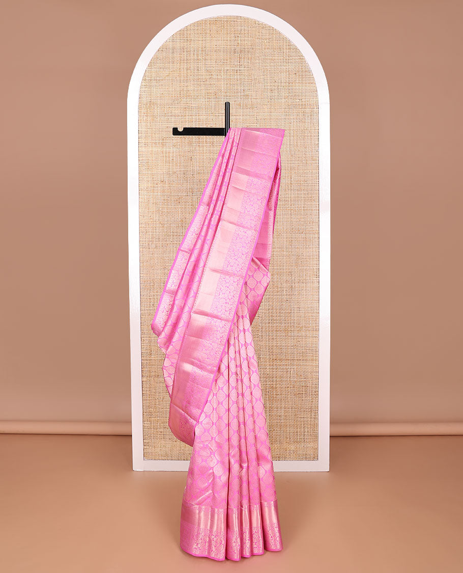 Light pink ogee design kancheepuram silk saree with self border of intricate zari design & floral design pallu