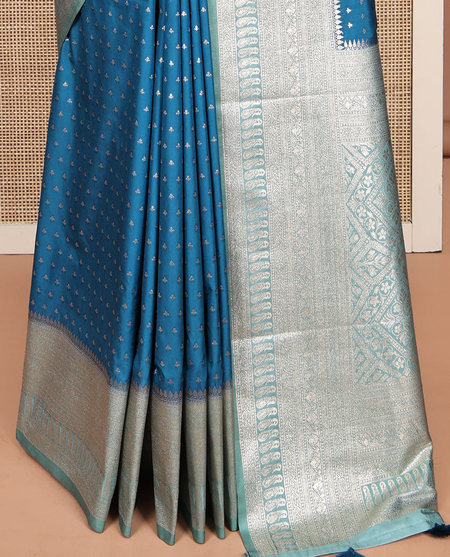 Blue Dupion Silk Saree, Embellished with Zari Buttas, Complemented by a Contrast Traditional Zari Design Border, Intricately Designed Pallu, and a Contrast Blouse