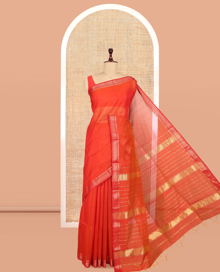 Orange Plain Maheshwari Cotton Saree