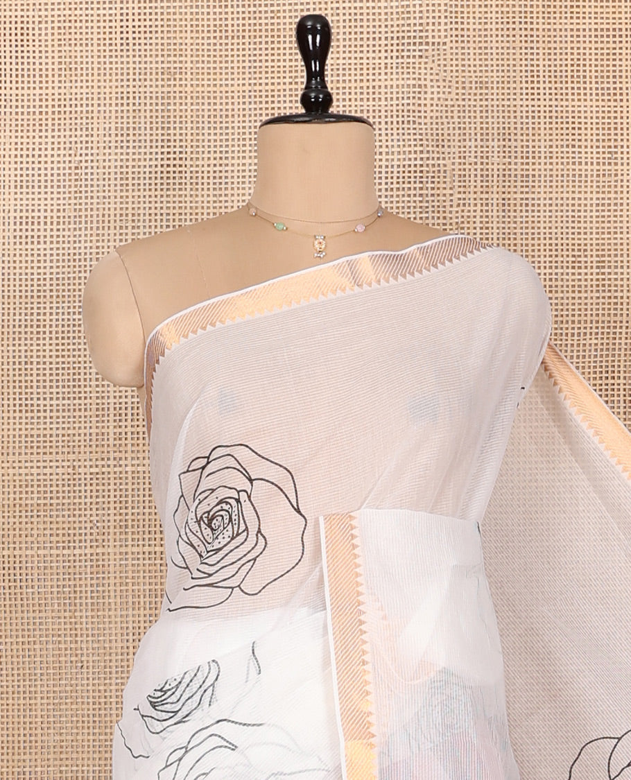 White Striped Andhra Cotton Saree, Beautifully Bedecked with Floral Motifs Print, Highlighted by a Temple Zari Border, Contrast Striped Pallu, and a Contrast Blouse