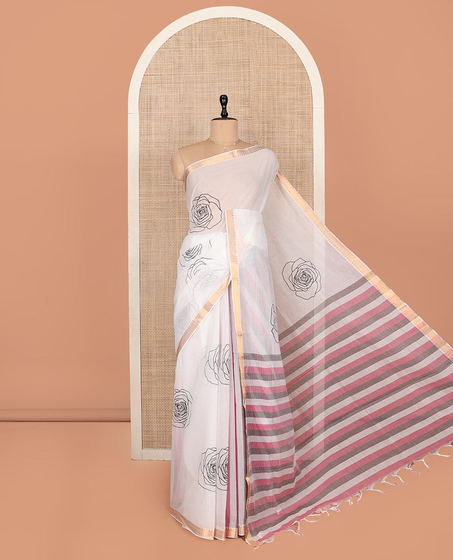 White Striped Andhra Cotton Saree, Beautifully Bedecked with Floral Motifs Print, Highlighted by a Temple Zari Border, Contrast Striped Pallu, and a Contrast Blouse