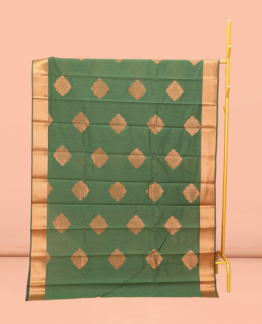 Green Semi-Silk Cotton Saree, Crafted with Zari Buttas All Over Its Body, Highlighted by a Self-Border of Traditional Zari Designs, Pallu Steeped with Paisley Designs, and Paired with a Contrast Blouse