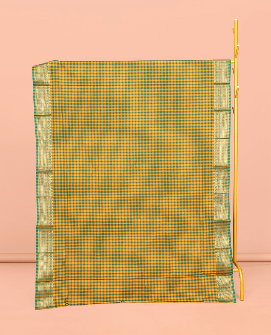 Yellow-Green Chettinad Cotton Saree, Bedecked with Micro-Checks, Highlighted by Traditional Zari Border, Striped Pallu, and No Blouse