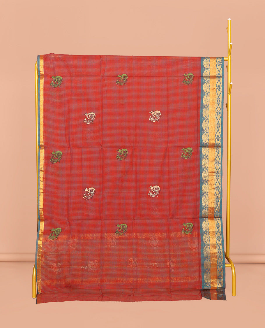 Rust Venkatagiri Cotton Saree, Delicately Printed with Peacock Buttas and Checks, a Contrast Traditional Zari Border, Pallu of Stripes, and No Blouse