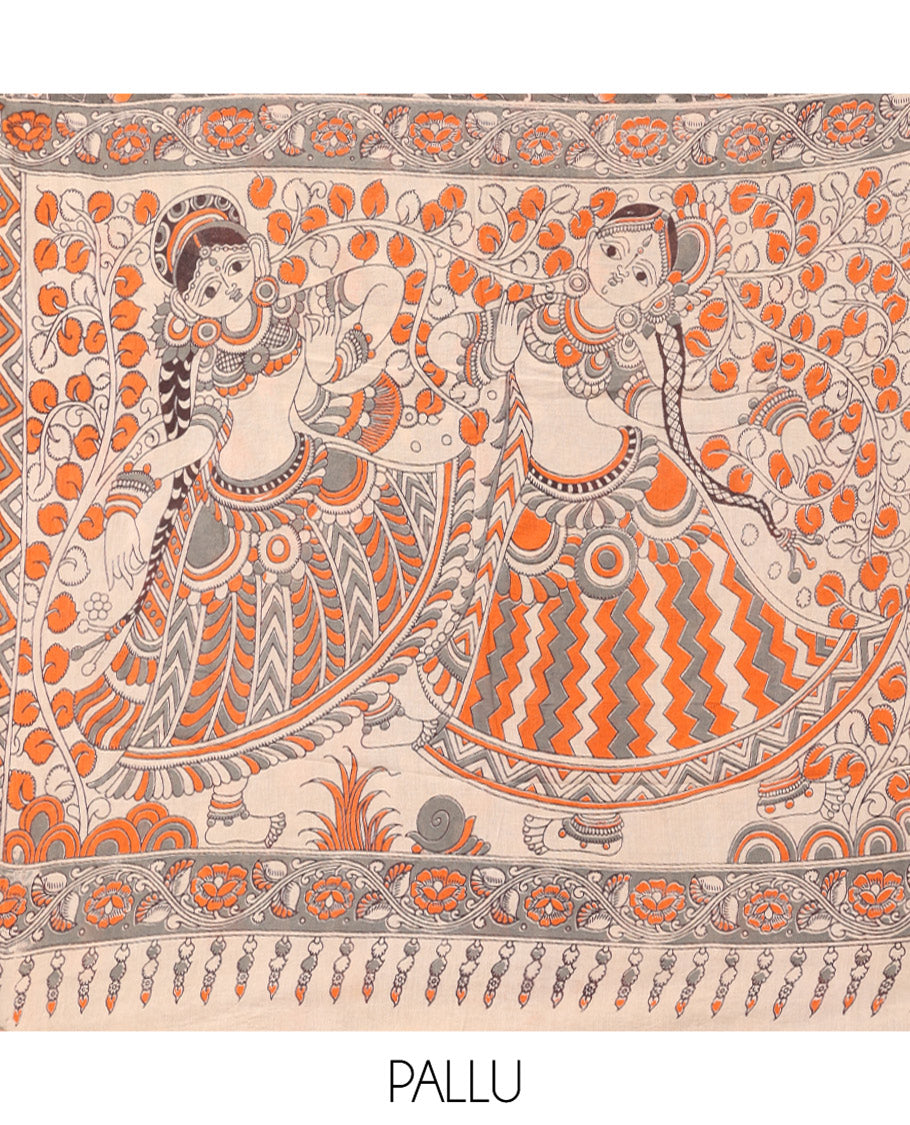 Grey Kalamkari Cotton Saree, Decked Up with Floral Vine Print, Complemented By Printed Border, Pallu of Kalamkari Ancient Human Motifs, and a Contrast Blouse