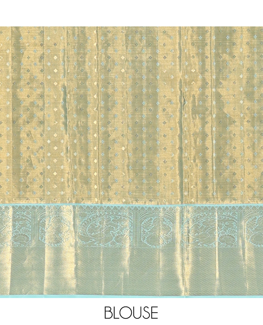 Lavender Jacquard Kanchipuram Tissue Silk Saree, a Contrast Border of Thilakam, and Mayil Designs, Grand Pallu, and Contrast Blouse